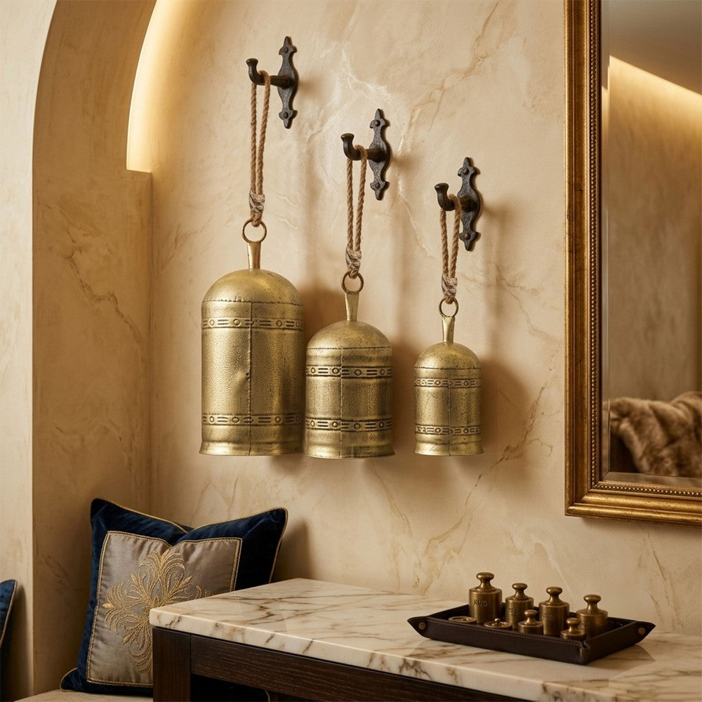 Pima 3 Piece Cowbell Set, Etched Antique Gold Iron with Jute Rope, Organic Decor - UPT-350388