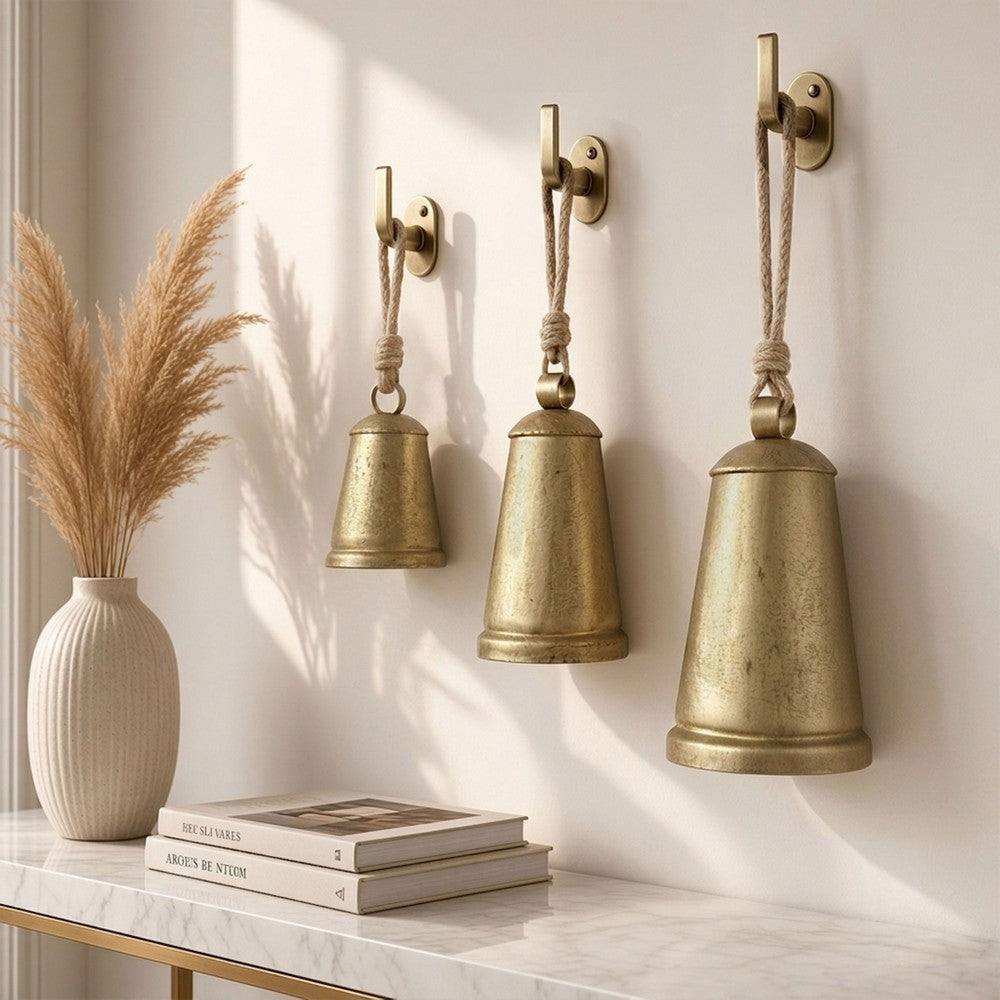 Loma Set of 3 Wall Hanging Bells, Antique Gold Finish, Natural Jute Rope, Boho Home Decor - UPT-350389