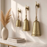 Loma Set of 3 Wall Hanging Bells, Antique Gold Finish, Natural Jute Rope, Boho Home Decor - UPT-350389