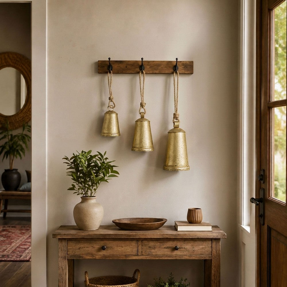 Loma Set of 3 Wall Hanging Bells, Antique Gold Finish, Natural Jute Rope, Boho Home Decor - UPT-350389