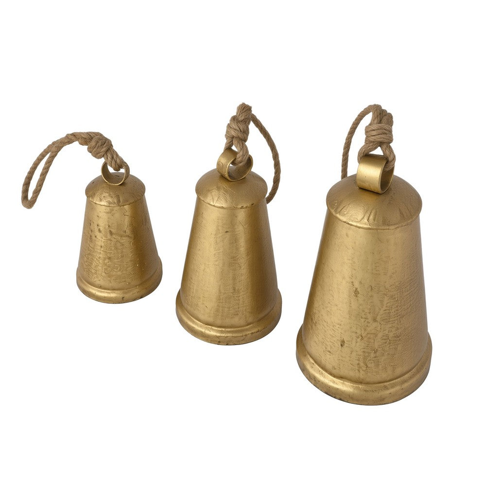Loma Set of 3 Wall Hanging Bells, Antique Gold Finish, Natural Jute Rope, Boho Home Decor - UPT-350389