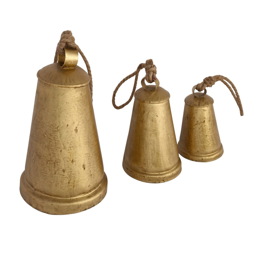 Loma Set of 3 Wall Hanging Bells, Antique Gold Finish, Natural Jute Rope, Boho Home Decor - UPT-350389