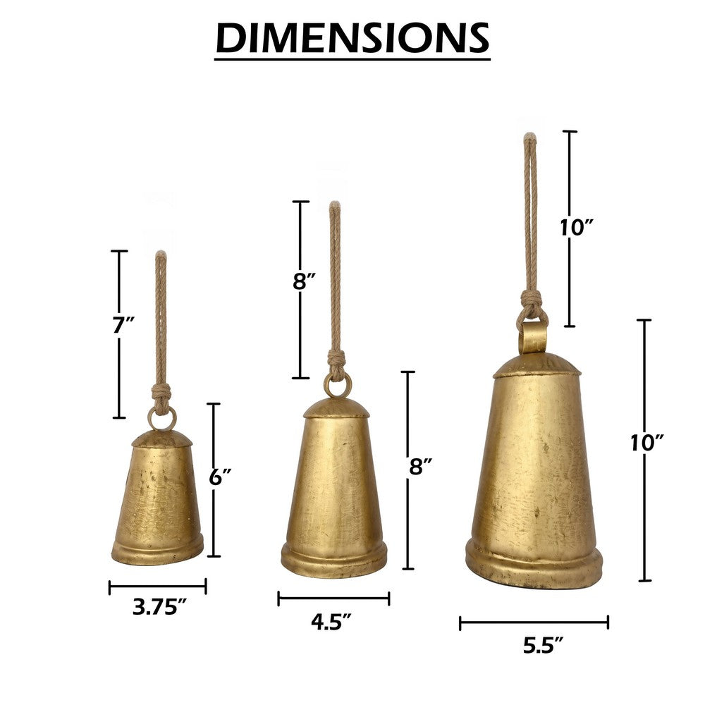 Loma Set of 3 Wall Hanging Bells, Antique Gold Finish, Natural Jute Rope, Boho Home Decor - UPT-350389