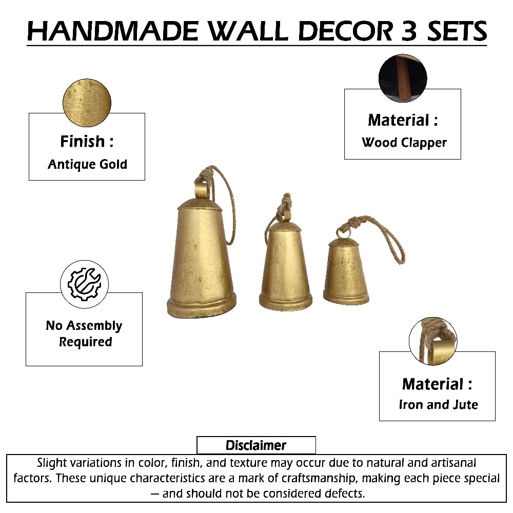Loma Set of 3 Wall Hanging Bells, Antique Gold Finish, Natural Jute Rope, Boho Home Decor - UPT-350389