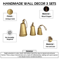 Loma Set of 3 Wall Hanging Bells, Antique Gold Finish, Natural Jute Rope, Boho Home Decor - UPT-350389