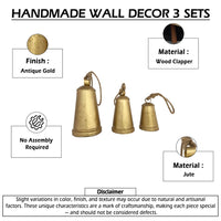 Loma Set of 3 Wall Hanging Bells, Antique Gold Finish, Natural Jute Rope, Boho Home Decor - UPT-350389