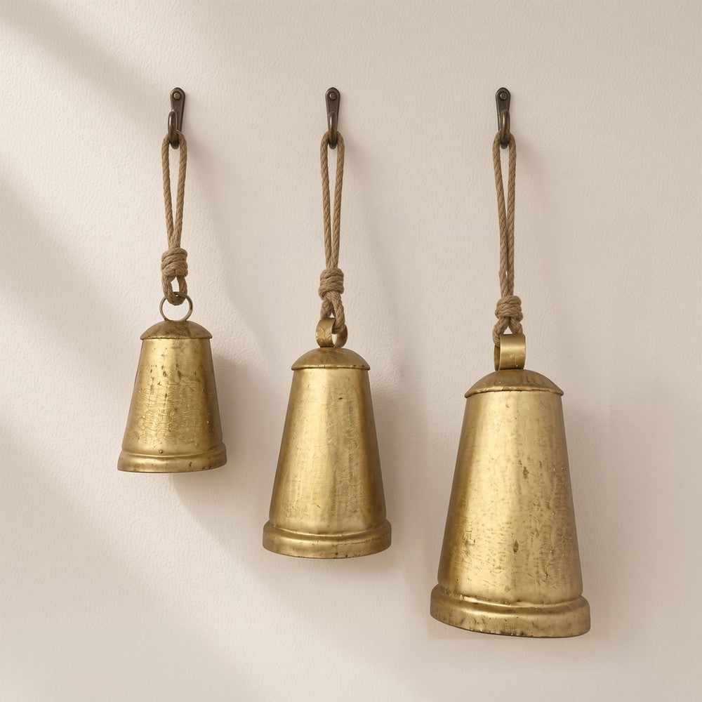 Loma Set of 3 Wall Hanging Bells, Antique Gold Finish, Natural Jute Rope, Boho Home Decor - UPT-350389
