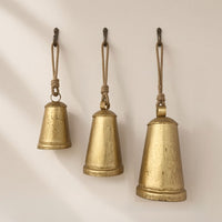 Loma Set of 3 Wall Hanging Bells, Antique Gold Finish, Natural Jute Rope, Boho Home Decor - UPT-350389