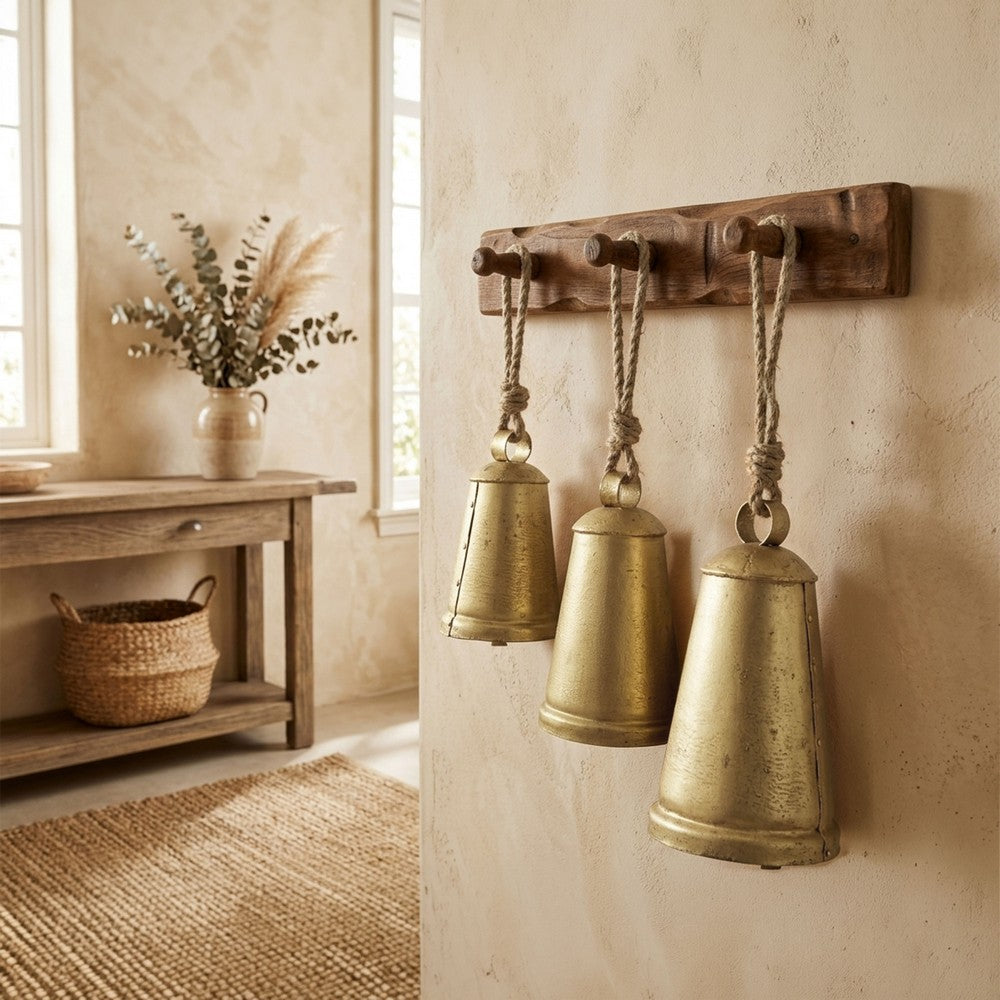 Loma Set of 3 Wall Hanging Bells, Antique Gold Finish, Natural Jute Rope, Boho Home Decor - UPT-350389