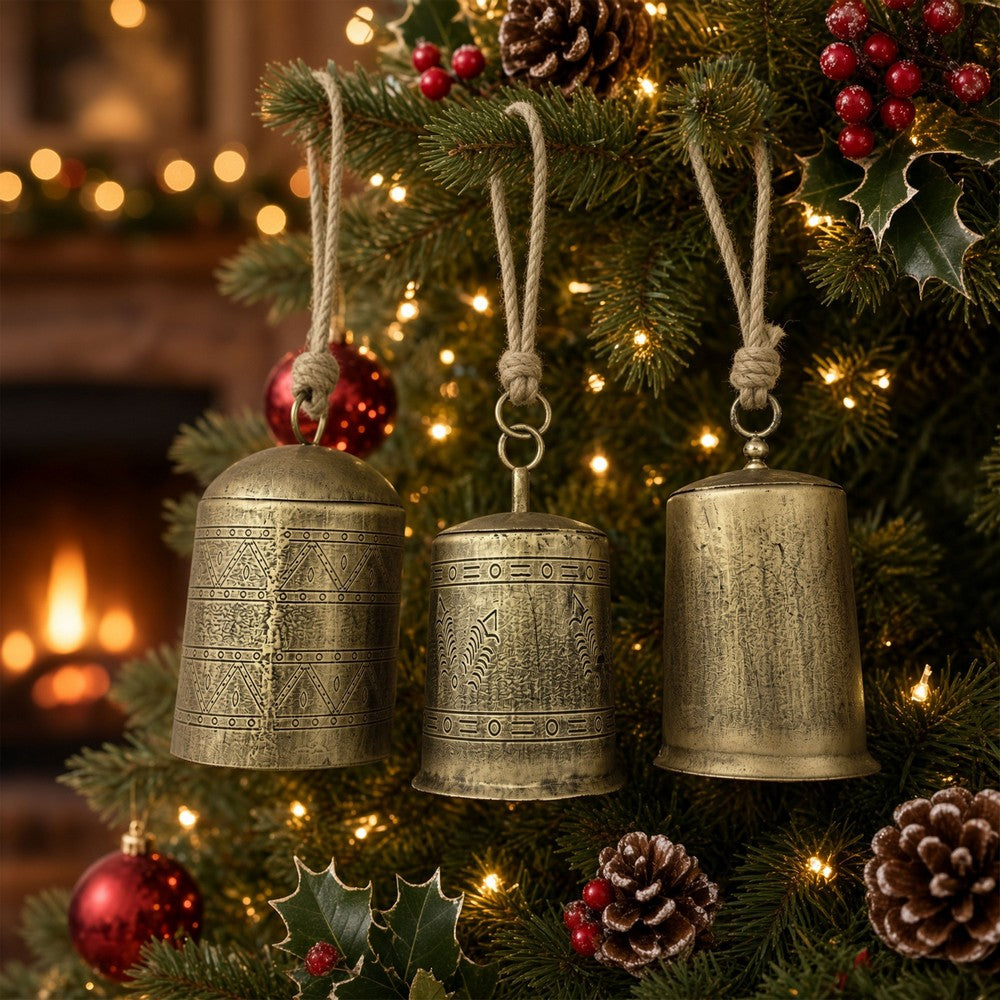 Foma Set of 3 Hanging Bells, Etched Antique Brass Finish, Jute Rope Hanger, Organic Decor - UPT-350390