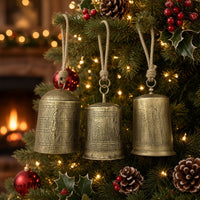 Foma Set of 3 Hanging Bells, Etched Antique Brass Finish, Jute Rope Hanger, Organic Decor - UPT-350390