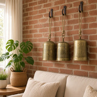Foma Set of 3 Hanging Bells, Etched Antique Brass Finish, Jute Rope Hanger, Organic Decor - UPT-350390