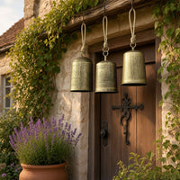 Foma Set of 3 Hanging Bells, Etched Antique Brass Finish, Jute Rope Hanger, Organic Decor - UPT-350390