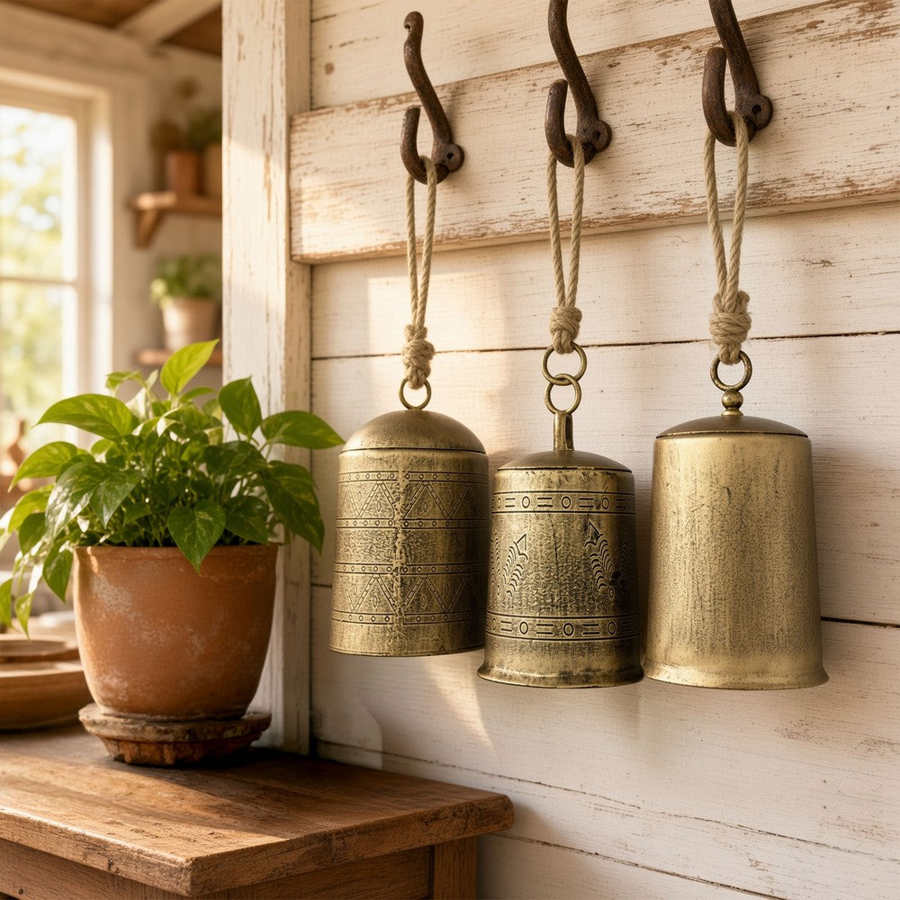 Foma Set of 3 Hanging Bells, Etched Antique Brass Finish, Jute Rope Hanger, Organic Decor - UPT-350390