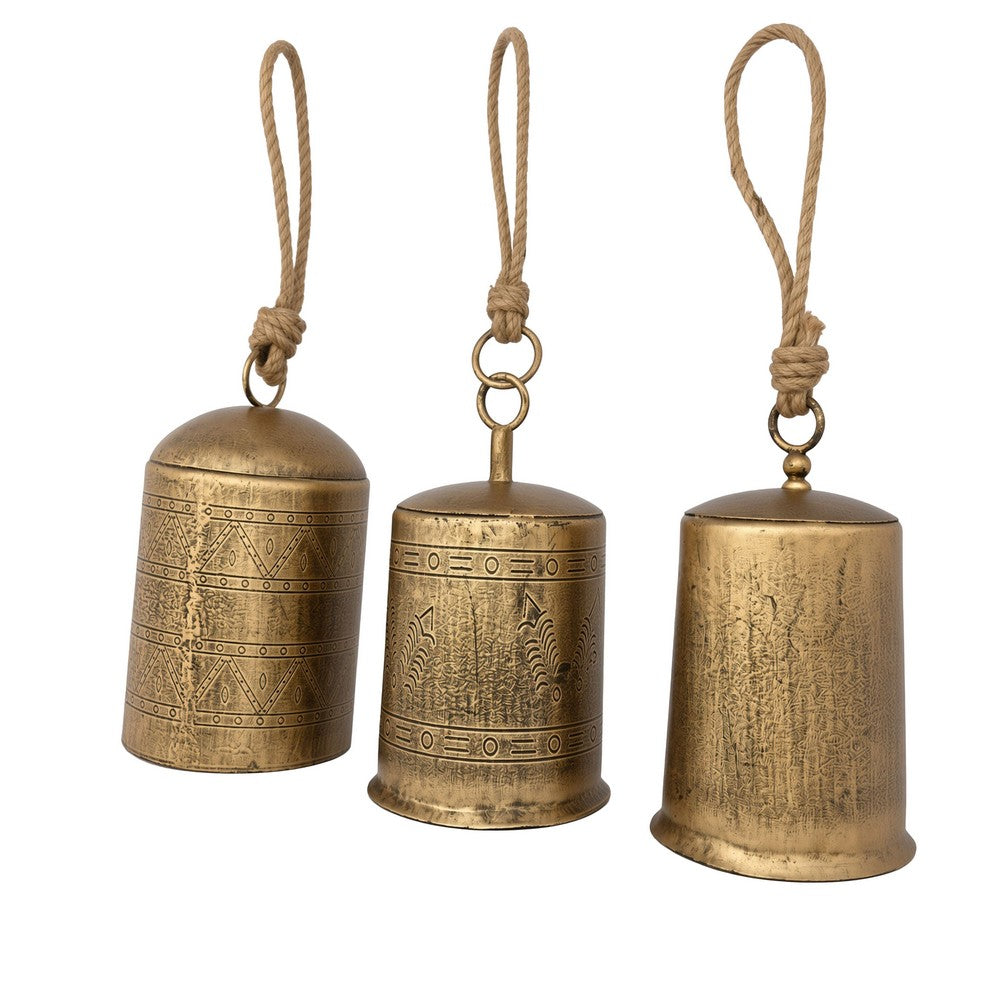 Foma Set of 3 Hanging Bells, Etched Antique Brass Finish, Jute Rope Hanger, Organic Decor - UPT-350390