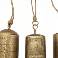 Foma Set of 3 Hanging Bells, Etched Antique Brass Finish, Jute Rope Hanger, Organic Decor - UPT-350390