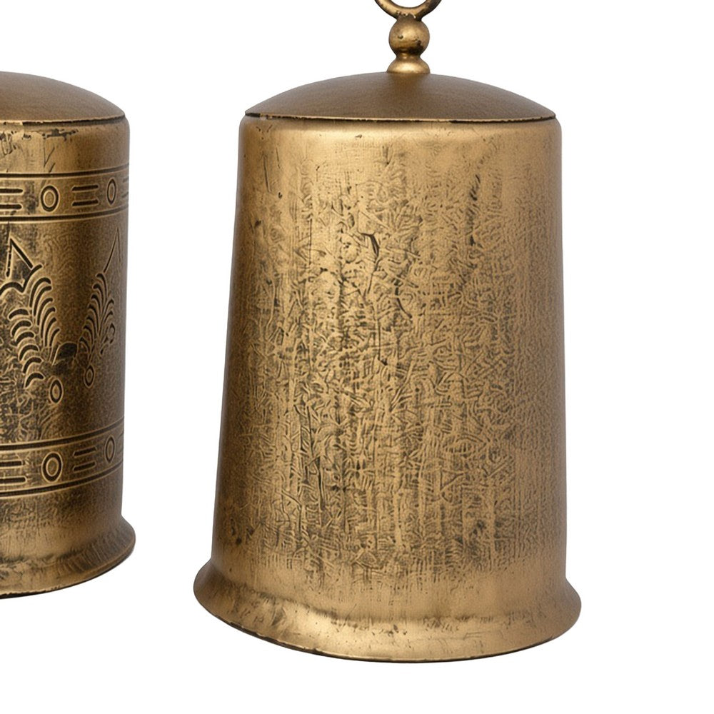 Foma Set of 3 Hanging Bells, Etched Antique Brass Finish, Jute Rope Hanger, Organic Decor - UPT-350390