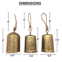 Foma Set of 3 Hanging Bells, Etched Antique Brass Finish, Jute Rope Hanger, Organic Decor - UPT-350390