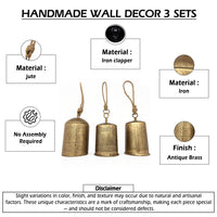 Foma Set of 3 Hanging Bells, Etched Antique Brass Finish, Jute Rope Hanger, Organic Decor - UPT-350390