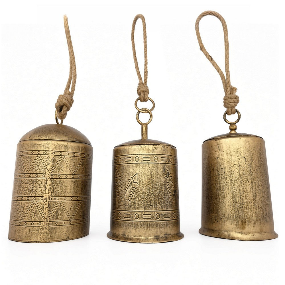 Foma Set of 3 Hanging Bells, Etched Antique Brass Finish, Jute Rope Hanger, Organic Decor - UPT-350390