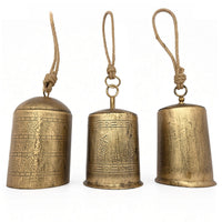 Foma Set of 3 Hanging Bells, Etched Antique Brass Finish, Jute Rope Hanger, Organic Decor - UPT-350390