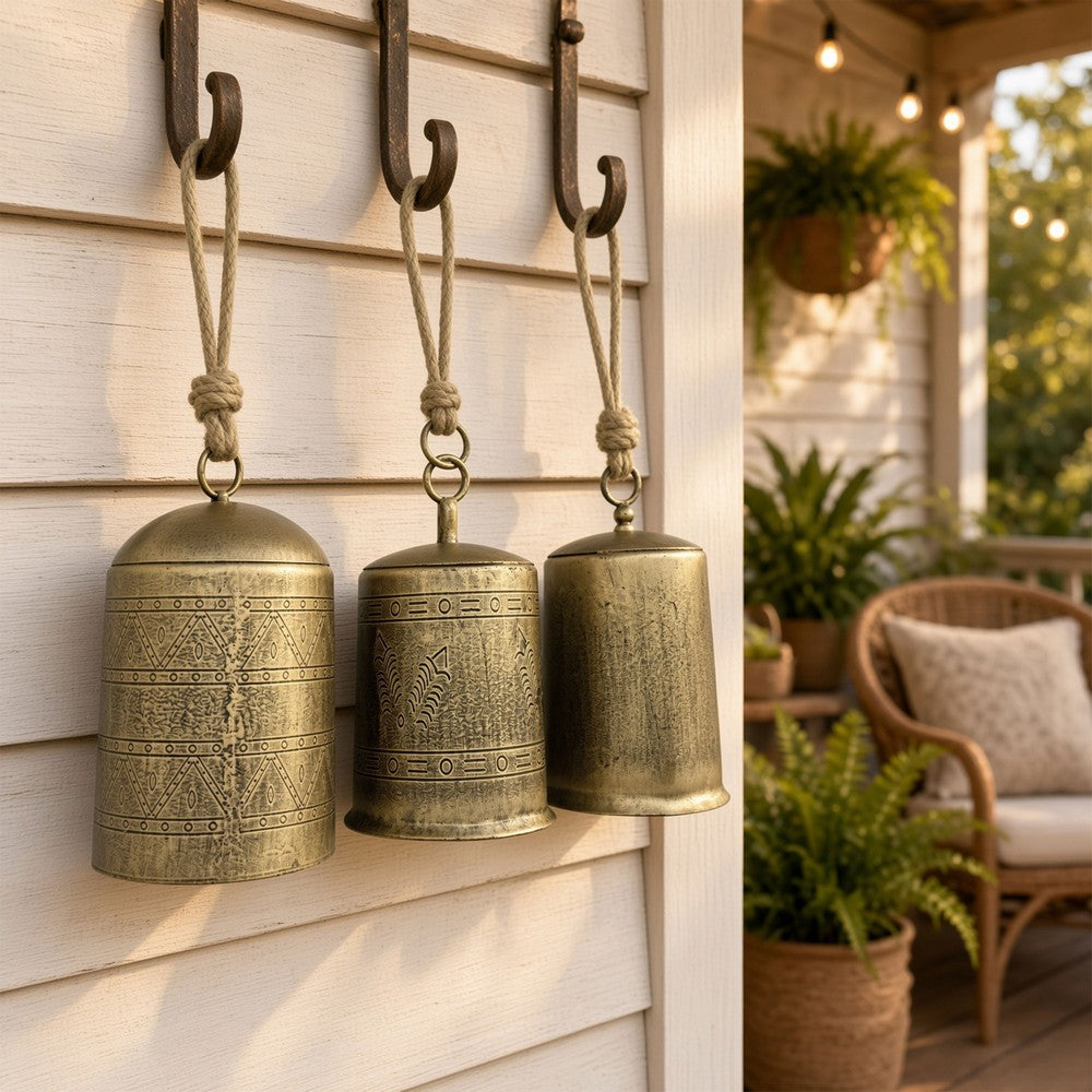 Foma Set of 3 Hanging Bells, Etched Antique Brass Finish, Jute Rope Hanger, Organic Decor - UPT-350390