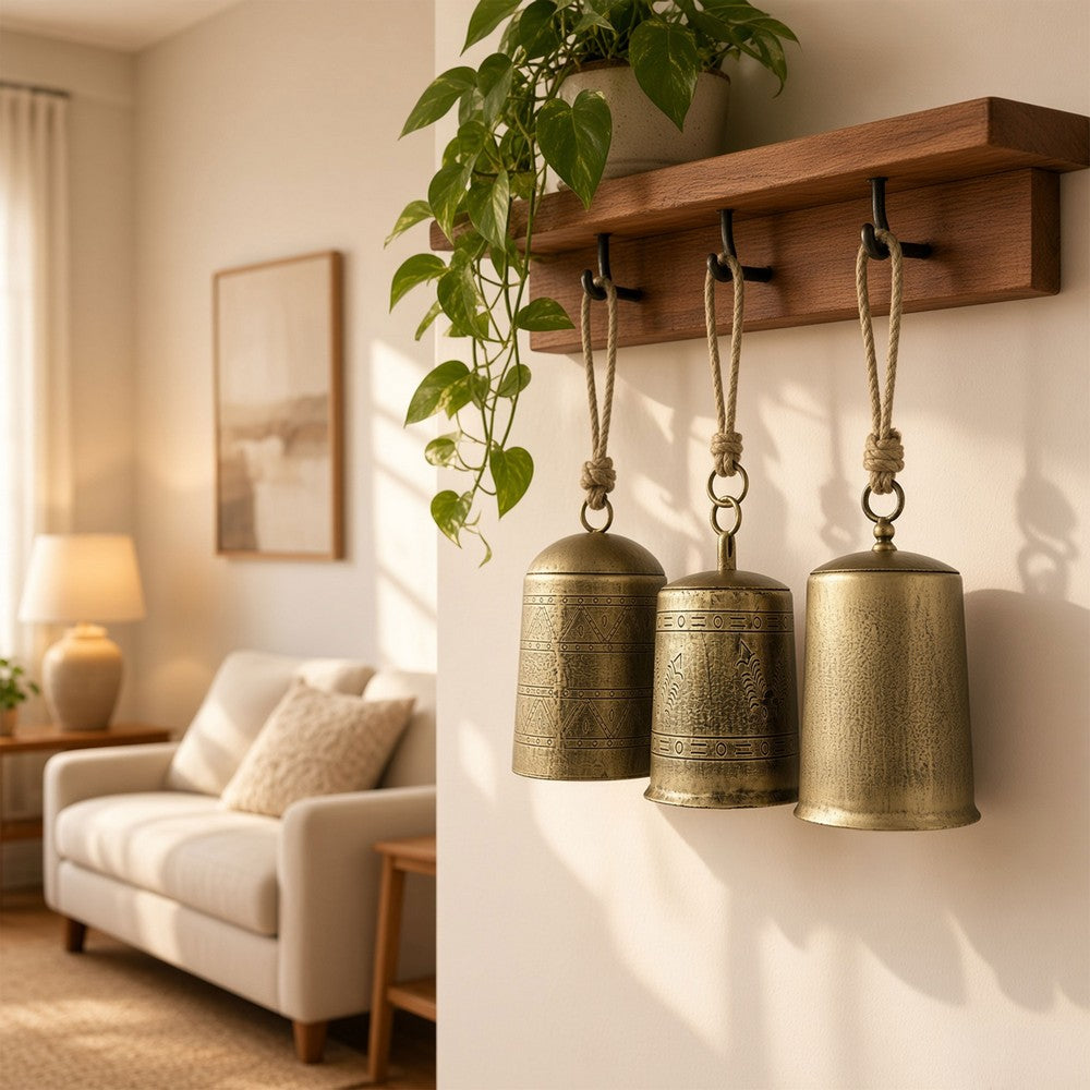 Foma Set of 3 Hanging Bells, Etched Antique Brass Finish, Jute Rope Hanger, Organic Decor - UPT-350390