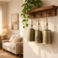 Foma Set of 3 Hanging Bells, Etched Antique Brass Finish, Jute Rope Hanger, Organic Decor - UPT-350390