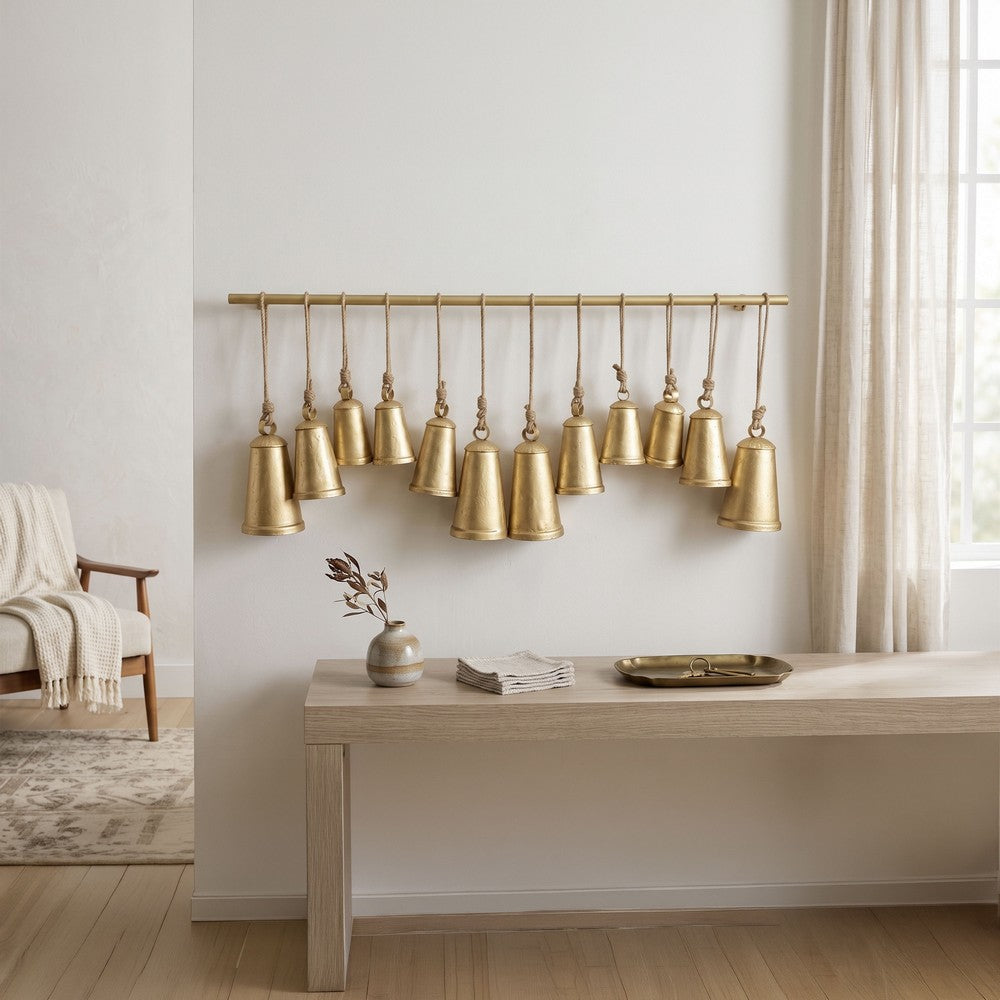 Poma Hanging Bell Wall Decor Set with 12 Bells, Antique Gold Iron, Jute Rope, 48 Inch - UPT-350391