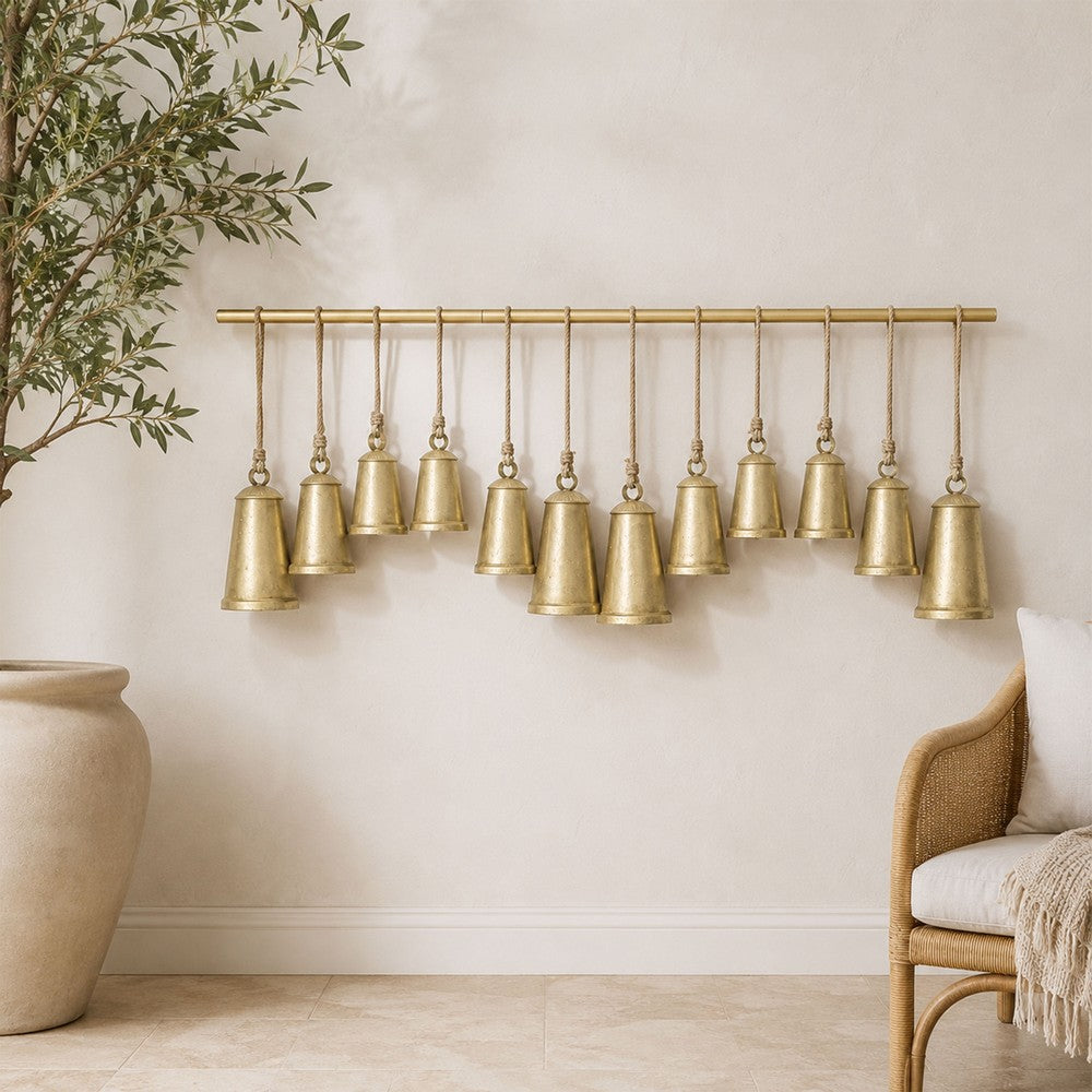 Poma Hanging Bell Wall Decor Set with 12 Bells, Antique Gold Iron, Jute Rope, 48 Inch - UPT-350391