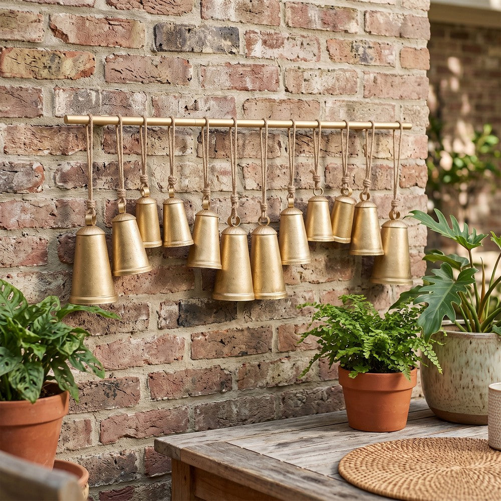Poma Hanging Bell Wall Decor Set with 12 Bells, Antique Gold Iron, Jute Rope, 48 Inch - UPT-350391