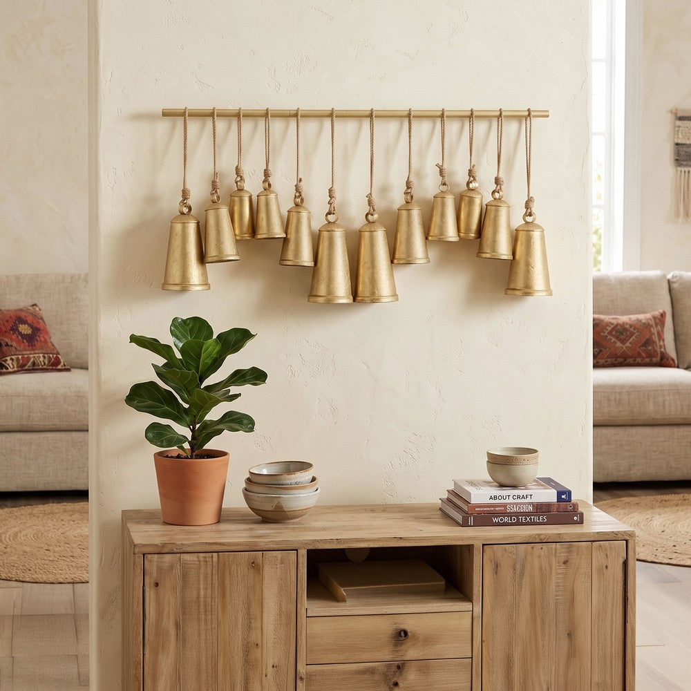 Poma Hanging Bell Wall Decor Set with 12 Bells, Antique Gold Iron, Jute Rope, 48 Inch - UPT-350391