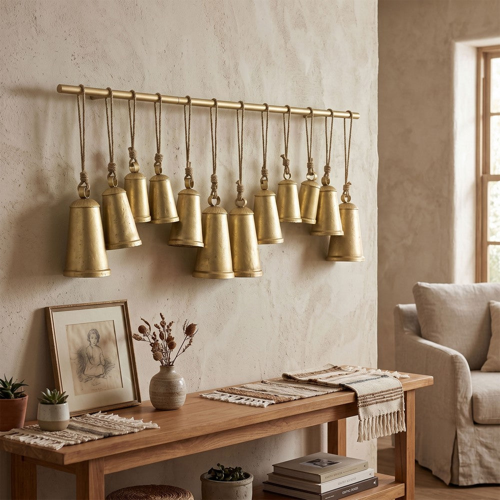 Poma Hanging Bell Wall Decor Set with 12 Bells, Antique Gold Iron, Jute Rope, 48 Inch - UPT-350391