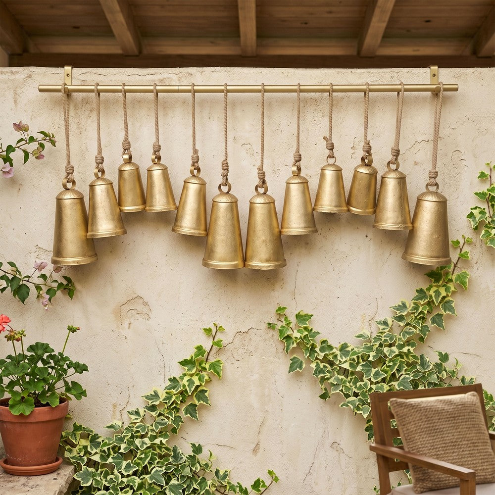 Poma Hanging Bell Wall Decor Set with 12 Bells, Antique Gold Iron, Jute Rope, 48 Inch - UPT-350391