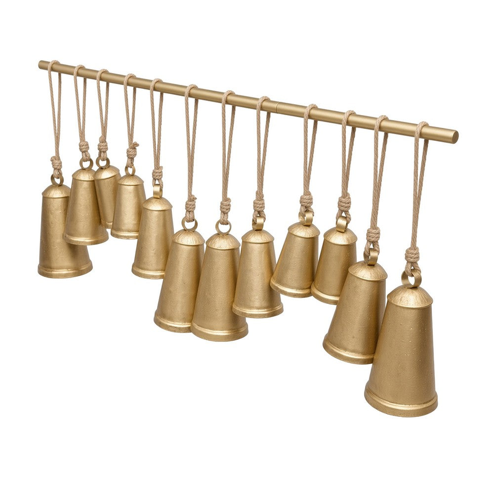 Poma Hanging Bell Wall Decor Set with 12 Bells, Antique Gold Iron, Jute Rope, 48 Inch - UPT-350391