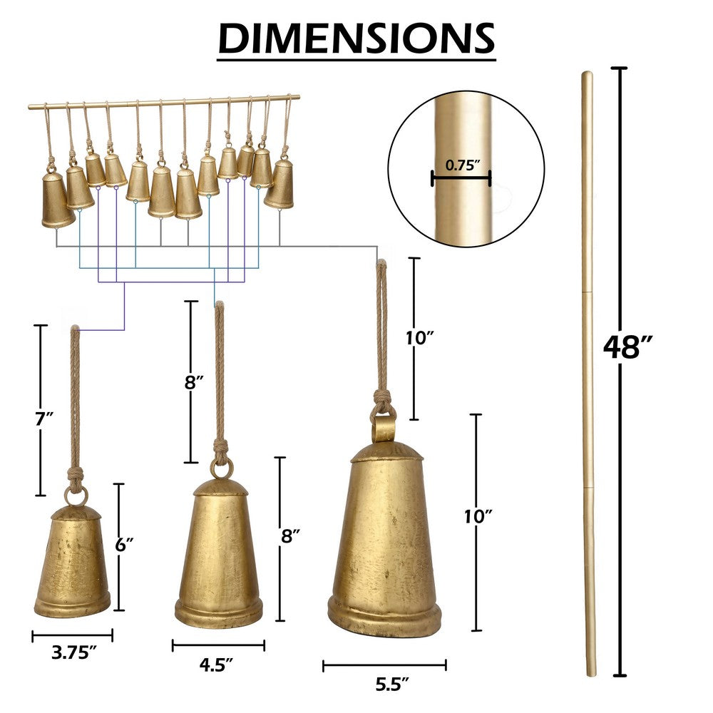 Poma Hanging Bell Wall Decor Set with 12 Bells, Antique Gold Iron, Jute Rope, 48 Inch - UPT-350391
