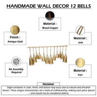 Poma Hanging Bell Wall Decor Set with 12 Bells, Antique Gold Iron, Jute Rope, 48 Inch - UPT-350391