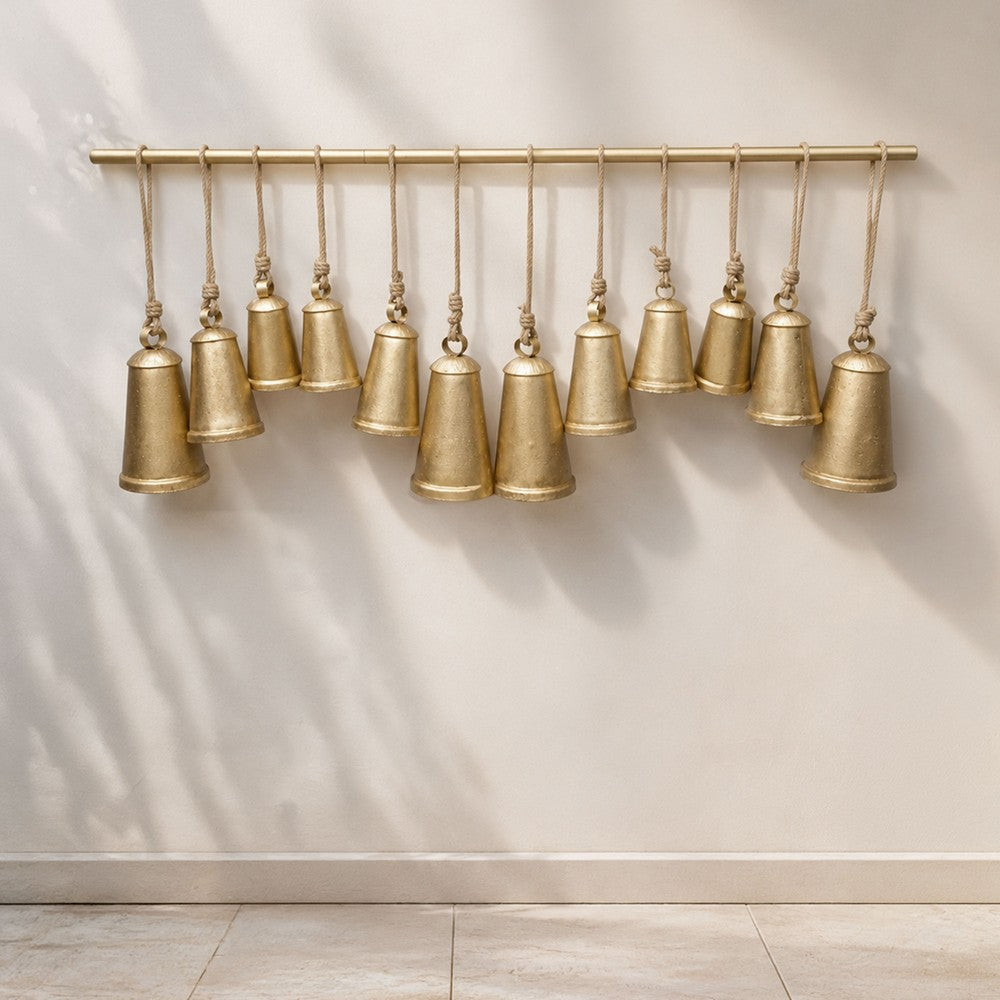 Poma Hanging Bell Wall Decor Set with 12 Bells, Antique Gold Iron, Jute Rope, 48 Inch - UPT-350391