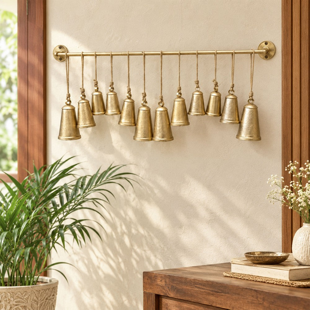 Poma Hanging Bell Wall Decor Set with 12 Bells, Antique Gold Iron, Jute Rope, 48 Inch - UPT-350391