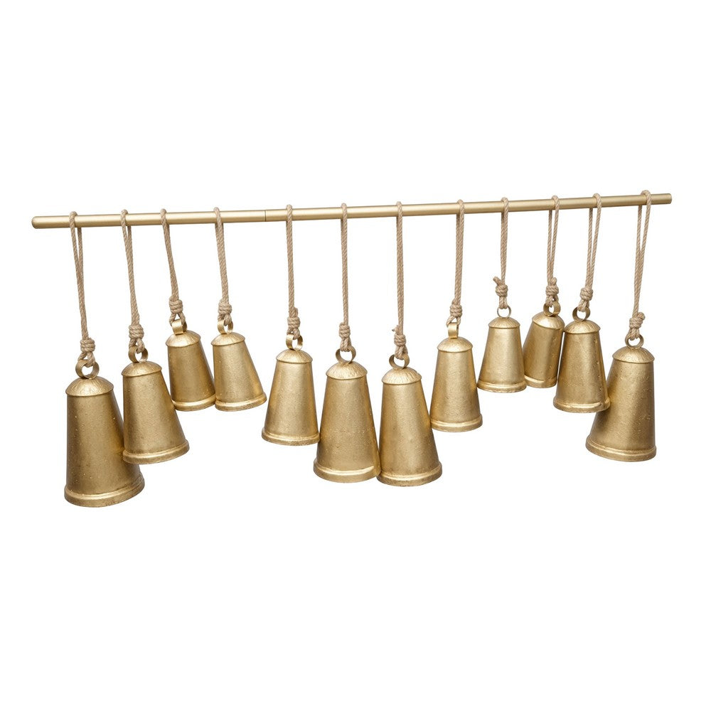 Poma Hanging Bell Wall Decor Set with 12 Bells, Antique Gold Iron, Jute Rope, 48 Inch - UPT-350391