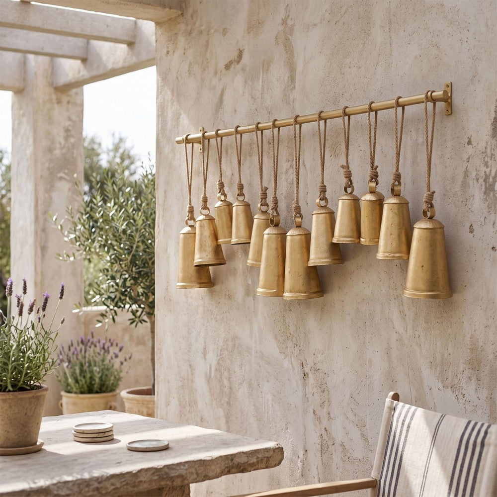 Poma Hanging Bell Wall Decor Set with 12 Bells, Antique Gold Iron, Jute Rope, 48 Inch - UPT-350391