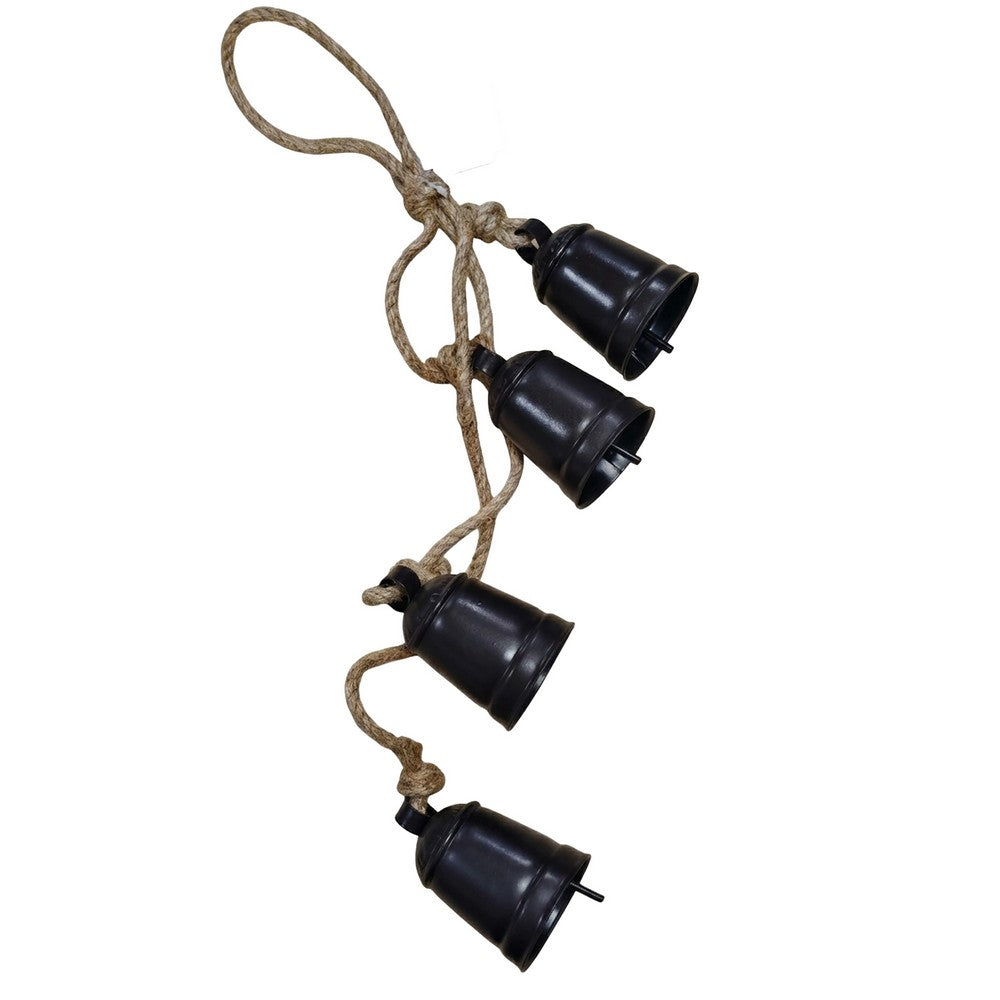 Koma 27 Inch Decorative Wind Chime, 4 Cascading Cow Bells, Antique Black Iron, Jute Rope, Boho Rustic Style - UPT-350392