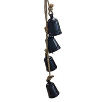 Koma 27 Inch Decorative Wind Chime, 4 Cascading Cow Bells, Antique Black Iron, Jute Rope, Boho Rustic Style - UPT-350392