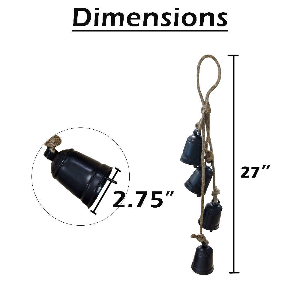 Koma 27 Inch Decorative Wind Chime, 4 Cascading Cow Bells, Antique Black Iron, Jute Rope, Boho Rustic Style - UPT-350392