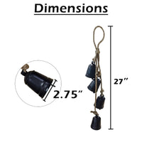 Koma 27 Inch Decorative Wind Chime, 4 Cascading Cow Bells, Antique Black Iron, Jute Rope, Boho Rustic Style - UPT-350392