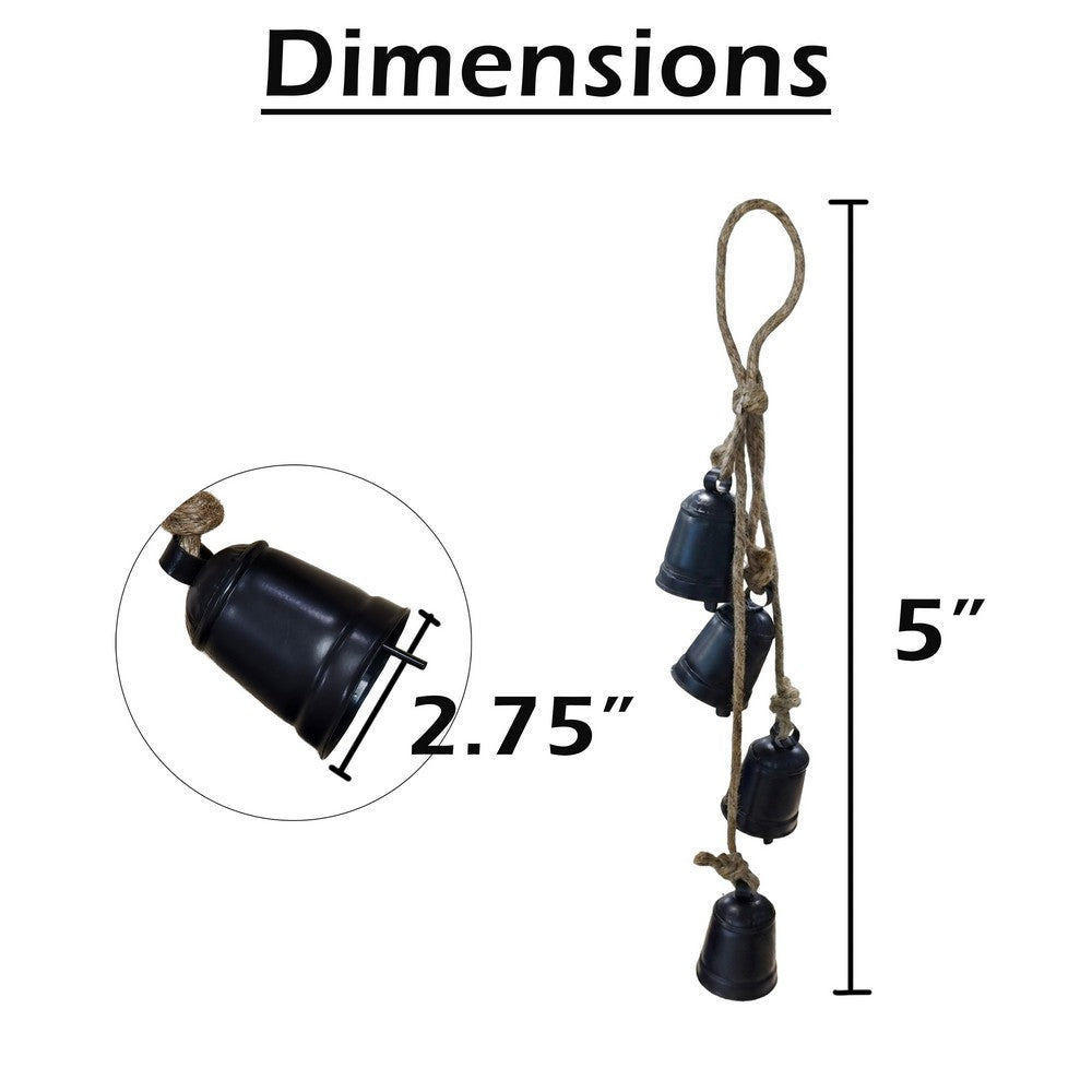 Koma 27 Inch Decorative Wind Chime, 4 Cascading Cow Bells, Antique Black Iron, Jute Rope, Boho Rustic Style - UPT-350392