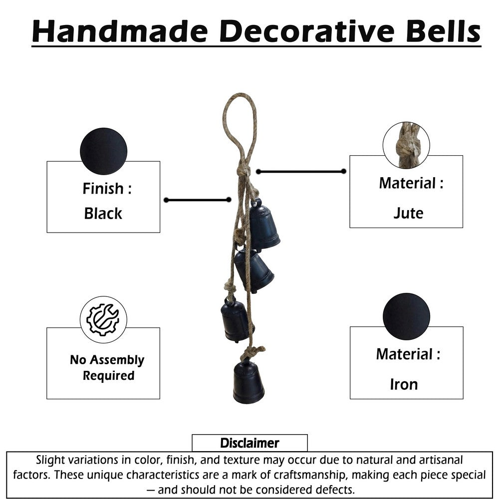 Koma 27 Inch Decorative Wind Chime, 4 Cascading Cow Bells, Antique Black Iron, Jute Rope, Boho Rustic Style - UPT-350392