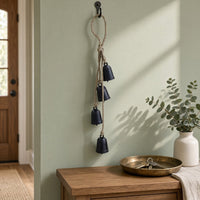 Koma 27 Inch Decorative Wind Chime, 4 Cascading Cow Bells, Antique Black Iron, Jute Rope, Boho Rustic Style - UPT-350392