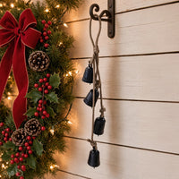 Koma 27 Inch Decorative Wind Chime, 4 Cascading Cow Bells, Antique Black Iron, Jute Rope, Boho Rustic Style - UPT-350392