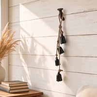 Koma 27 Inch Decorative Wind Chime, 4 Cascading Cow Bells, Antique Black Iron, Jute Rope, Boho Rustic Style - UPT-350392